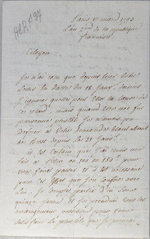 1793 lettre Lahautière, député à Paris par les ouvriers port de Brest