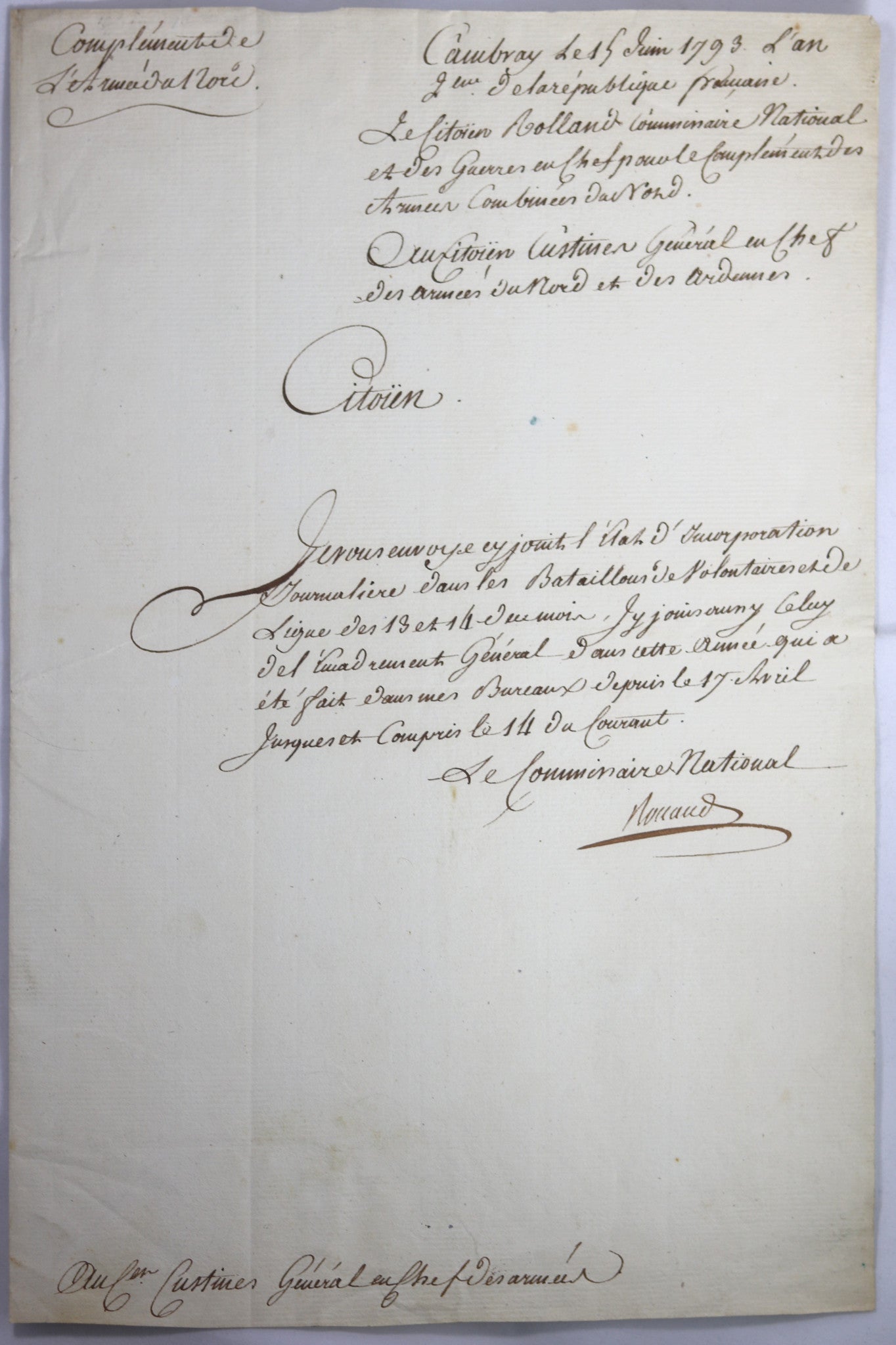 1793 lettre commissaire National au Général Custine (GUILLOTINÉ)