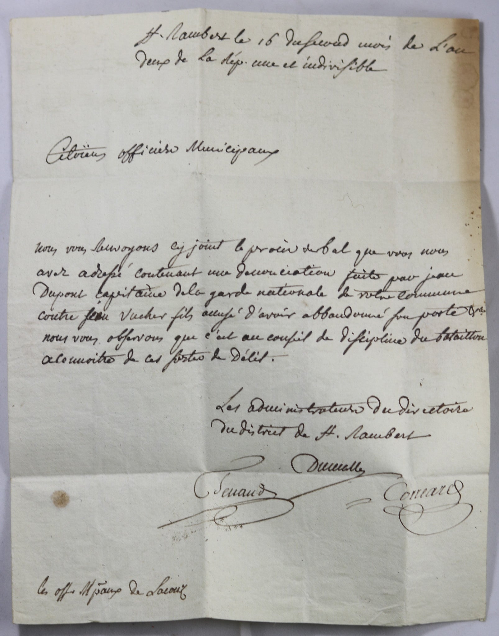1793 lettre district St Rambert (Bugey), dénonciation d’un soldat