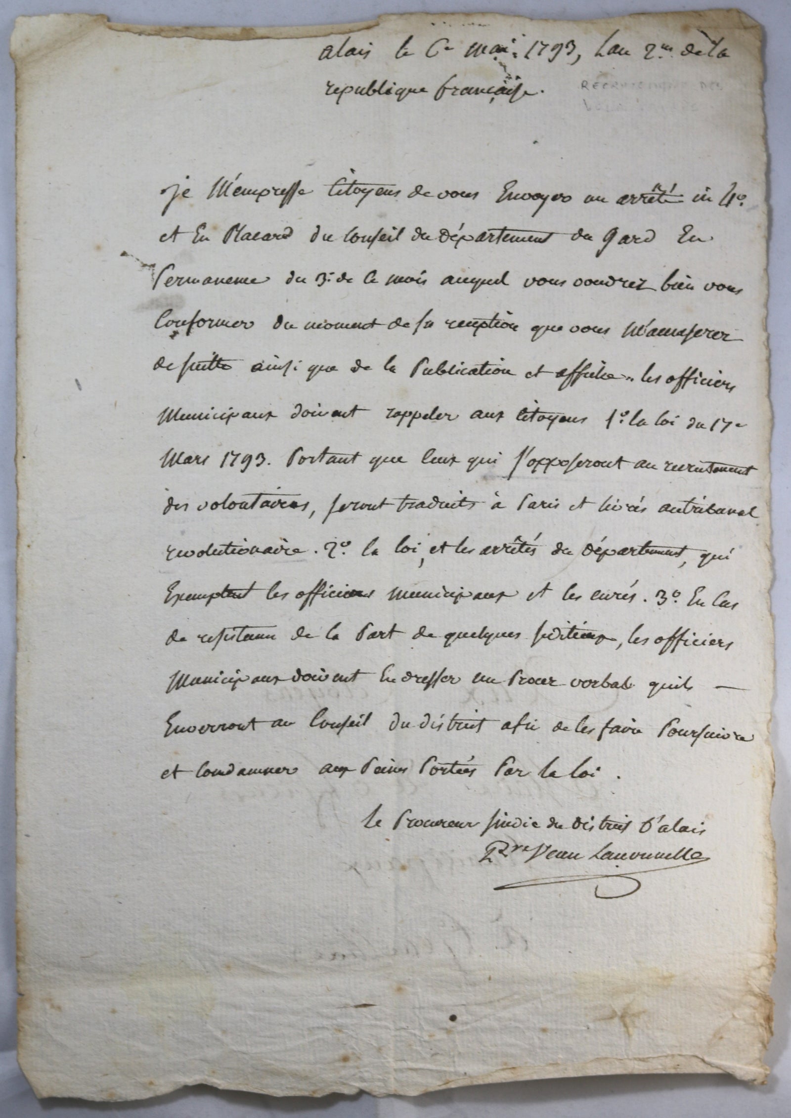 1793 lettre procureur syndic d’Alais (Gard), conséquences pour sédition