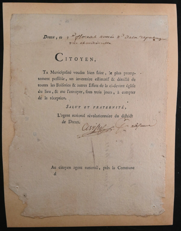 1794 Dreux (Eure-et-Loir), circulaire sur boiseries et effets d'église