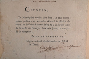1794 Dreux (Eure-et-Loir), circulaire sur boiseries et effets d'église