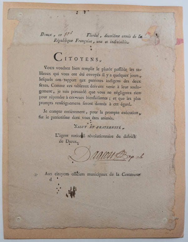 1794 Dreux (Eure-et-Loir), circulaire sur les patriotes indigens
