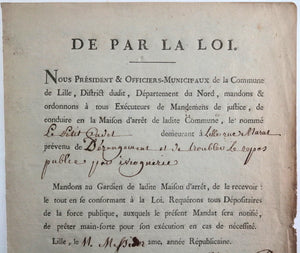1794 Lille ordre d’arrestation de Le Petit Cadet pour ivrognerie