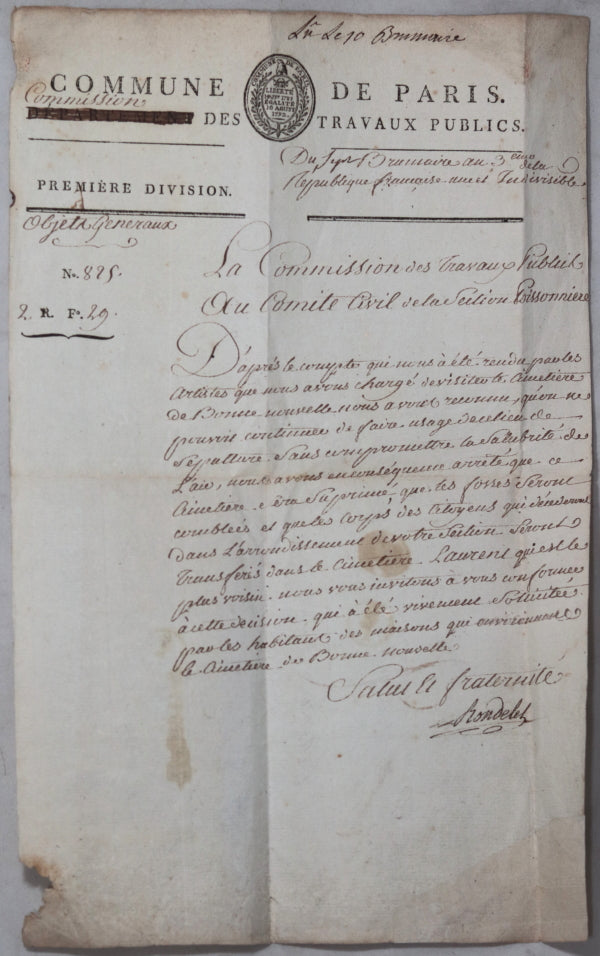 1794 Paris fermeture du cimetière Bonne Nouvelle : salubrité de l’air