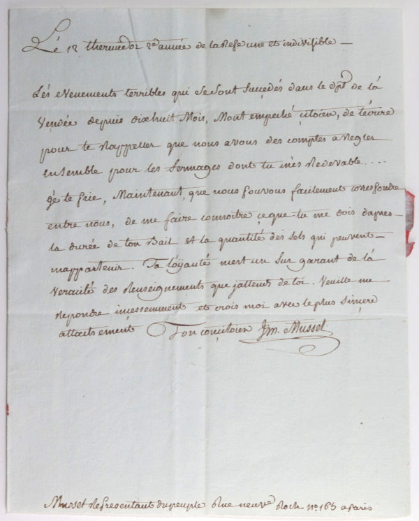 1794 Thermidor lettre député Vendée J.M. Musset Représentant du Peuple