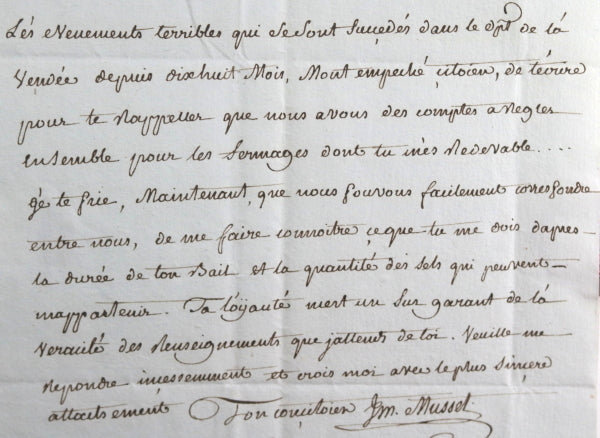 1794 Thermidor lettre député Vendée J.M. Musset Représentant du Peuple