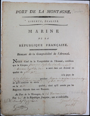 1794 Toulon certificat de présence,  quartier maître Arsenal Mariine