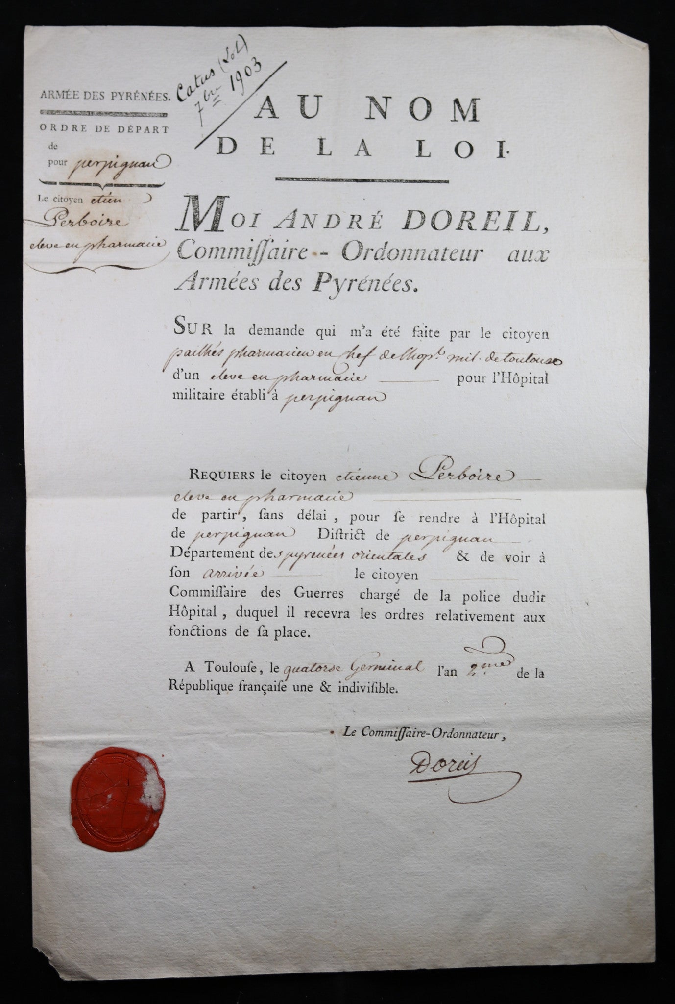 1794 Armée de Pyrénées - Ordre de route pour pharmacien