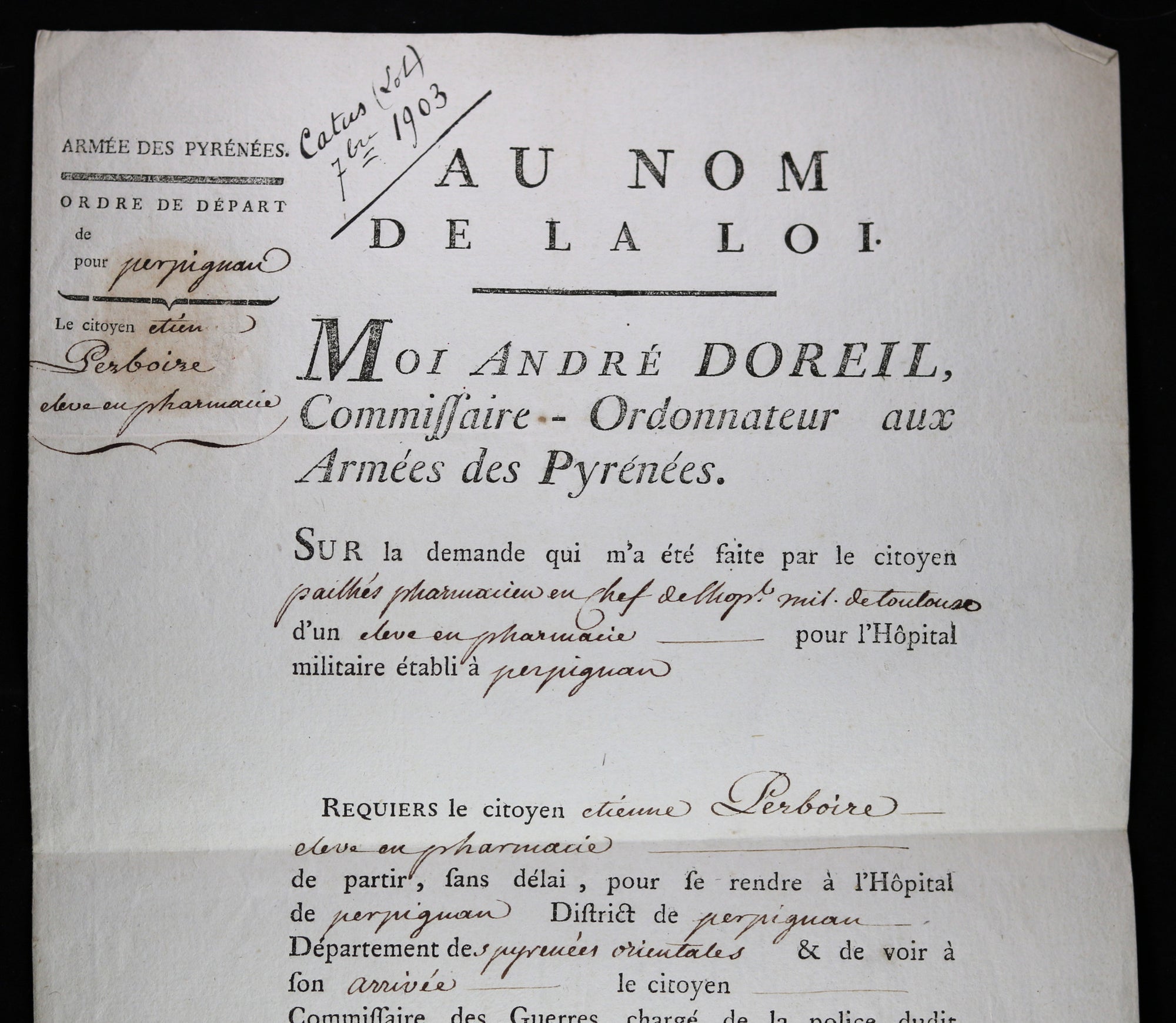 1794 Armée de Pyrénées - Ordre de route pour pharmacien