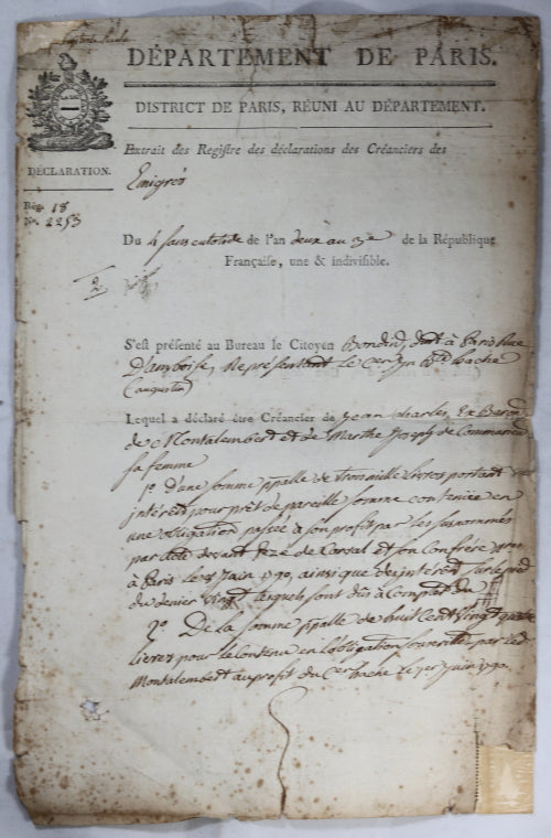 1794 Paris créanciers sur l’émigré Baron Montalembert