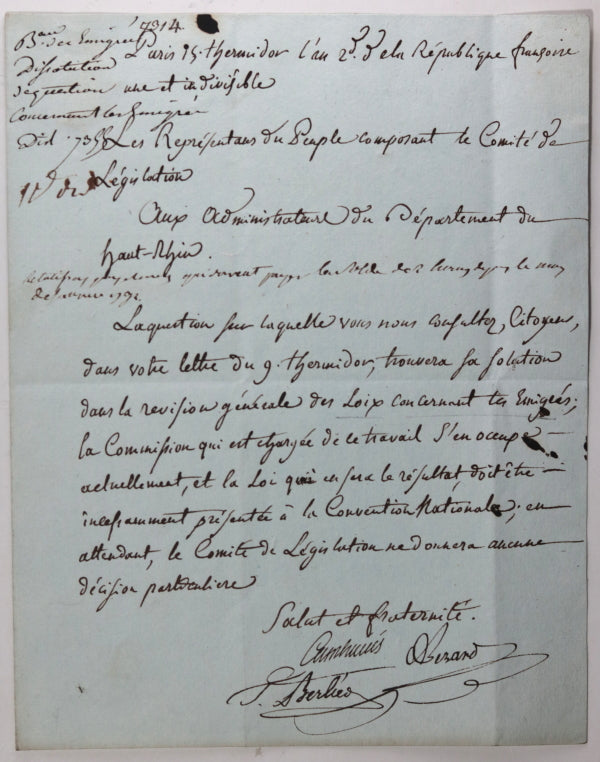 1794 Paris  lettre du Comité de Legislation au Dépt. Haut-Rhin