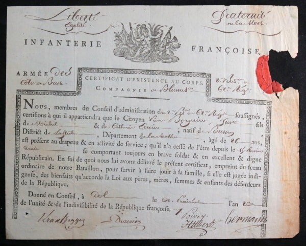 1794 Vendée, certificat présence au 2e Bataillon 62e Régiment de Ligne