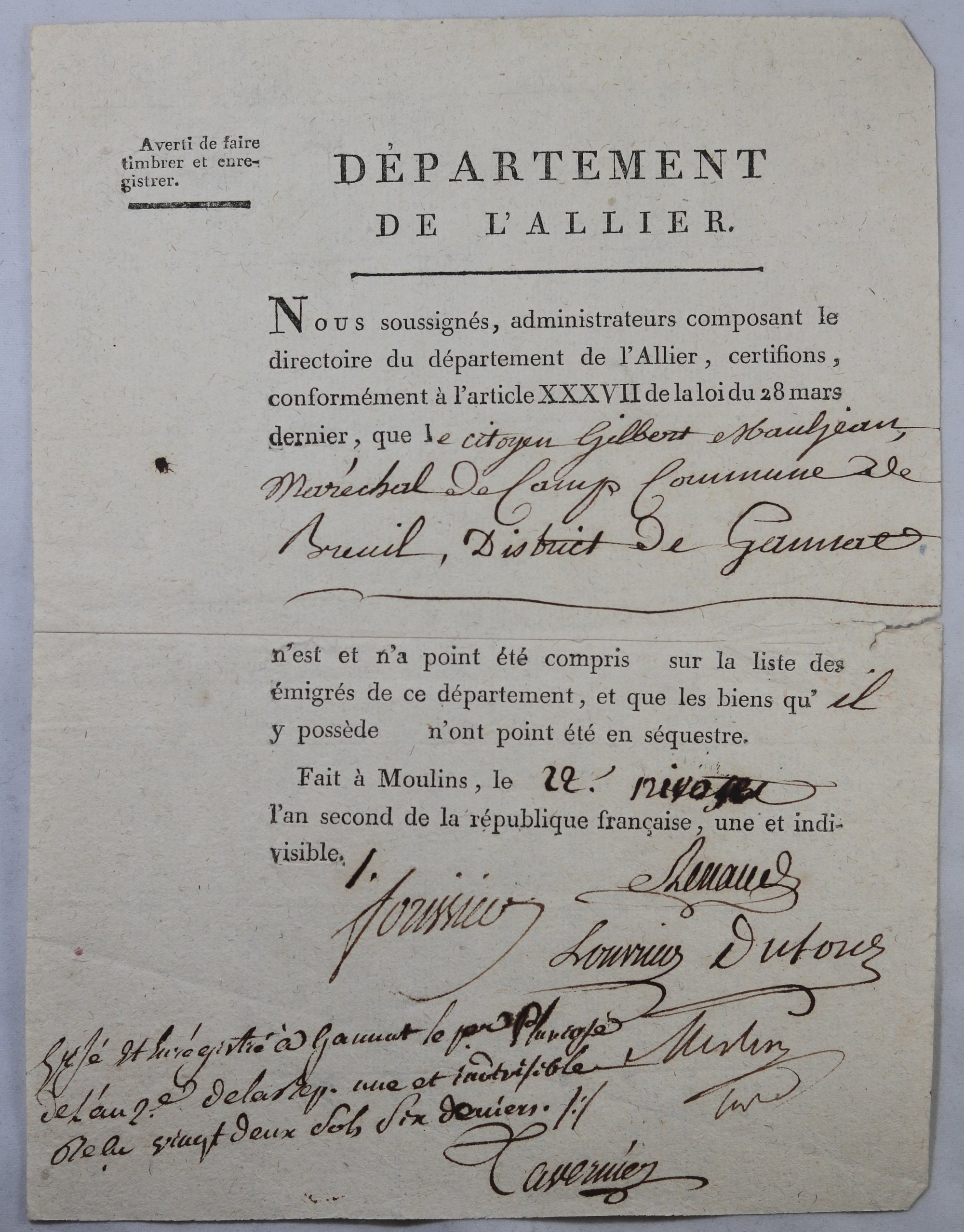 1794 certificat de non-émigration Moulins (Allier) TERREUR