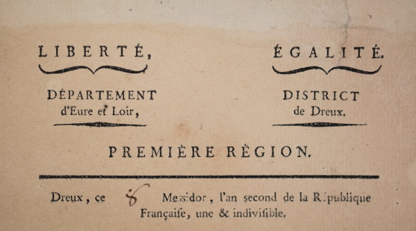 1794 circulaire arrêté sur moisson, District de Dreux (Eure-et-Loir)