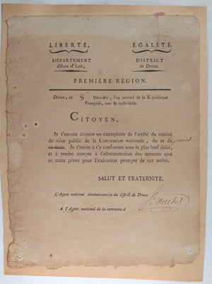 1794 circulaire arrêté sur moisson, District de Dreux (Eure-et-Loir)