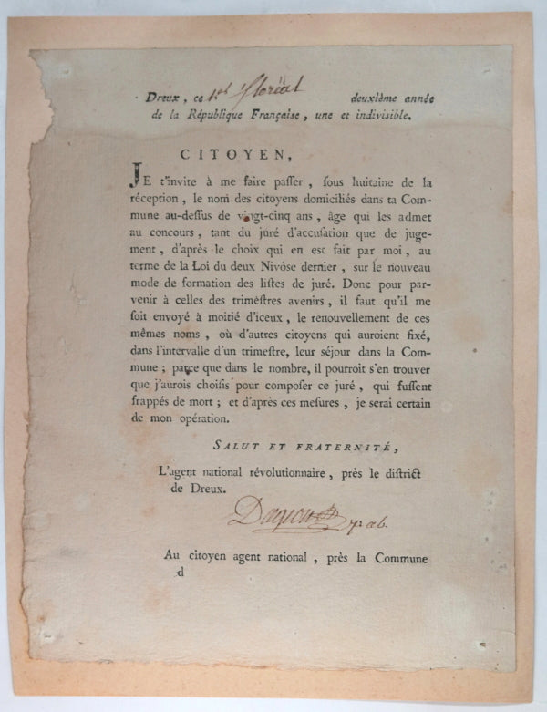 1794 circulaire sur citoyens pour les jurés, Dreux (Eure-et-Loir)