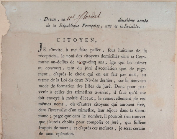 1794 circulaire sur citoyens pour les jurés, Dreux (Eure-et-Loir)