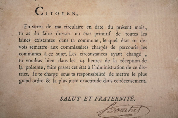 1794 circulaire sur état des laines, District de Dreux (Eure-et-Loir)