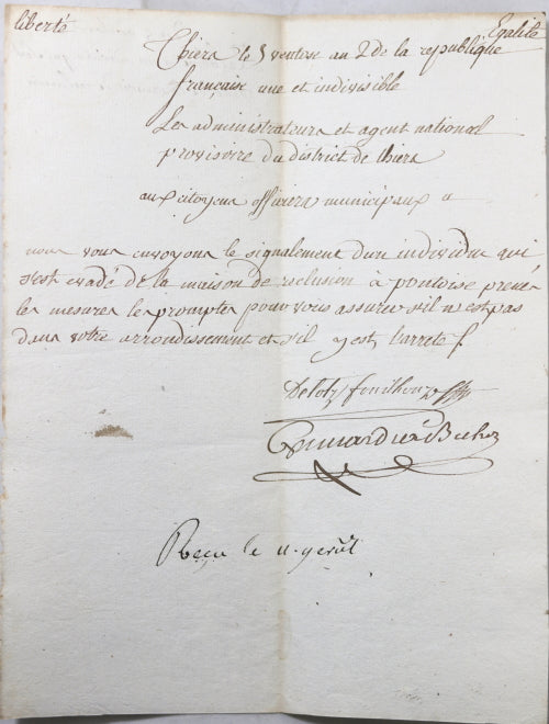 1794 deux documents, évadés de la prison de Pontoise (Seine et Oise)
