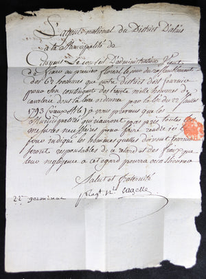 1794 lettre District d’Alais à St Ambroix (Gard) fourniture 62 cavaliers