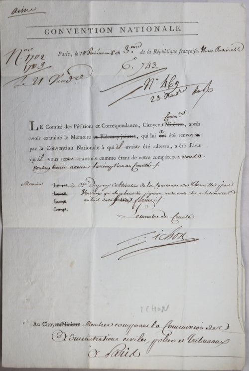 1794 lettre d'Ichon, membre Comité de Pétitions - Convention Nationale
