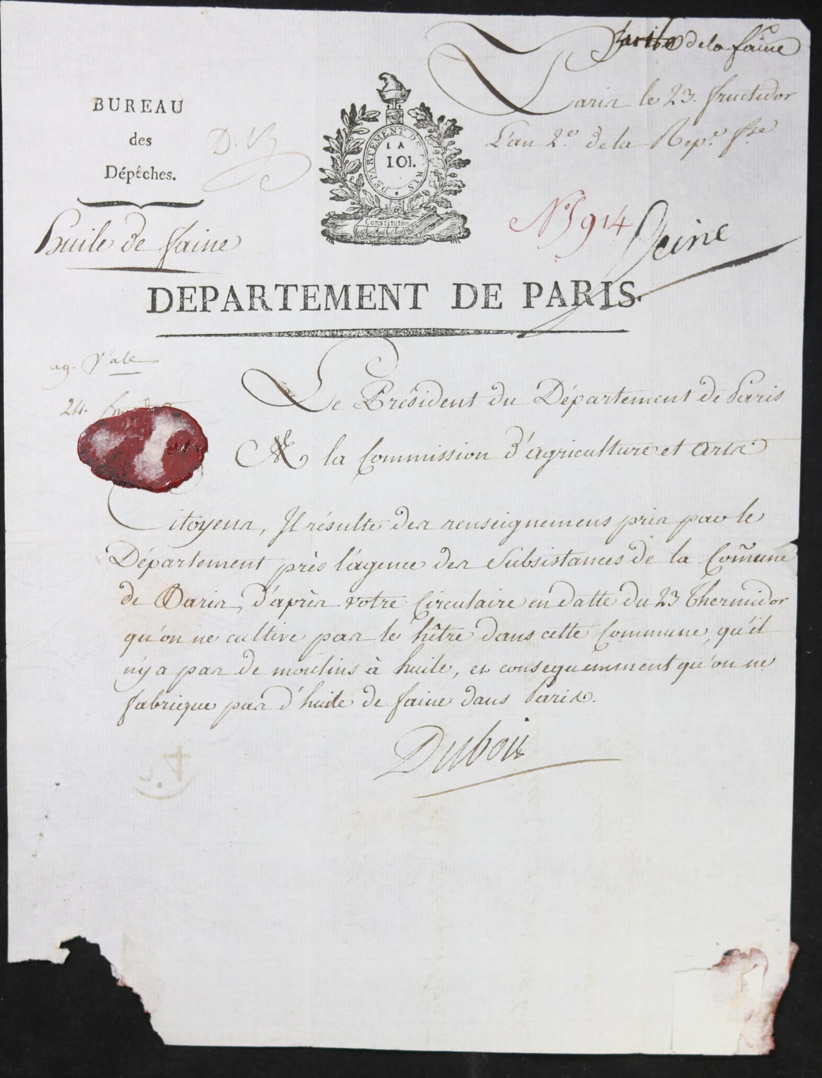 1794 lettre de Dubois Président du Département de Paris - agriculture