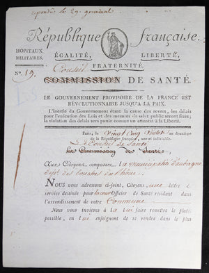 1794 lettre du Conseil de Santé (Paris) au municipalité d'Aubagne