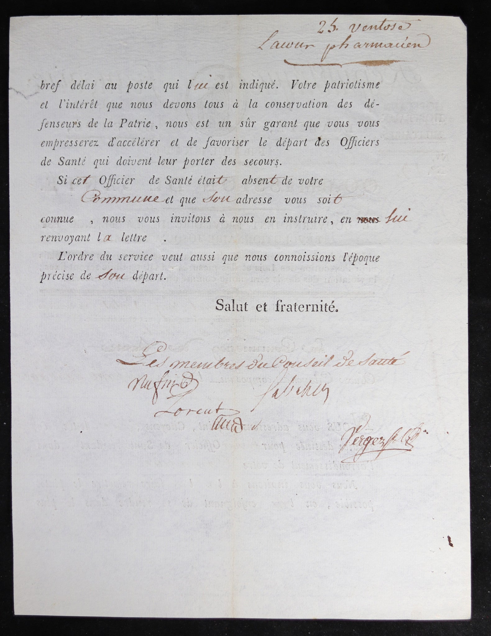 1794 lettre du Conseil de Santé (Paris) au municipalité d'Aubagne