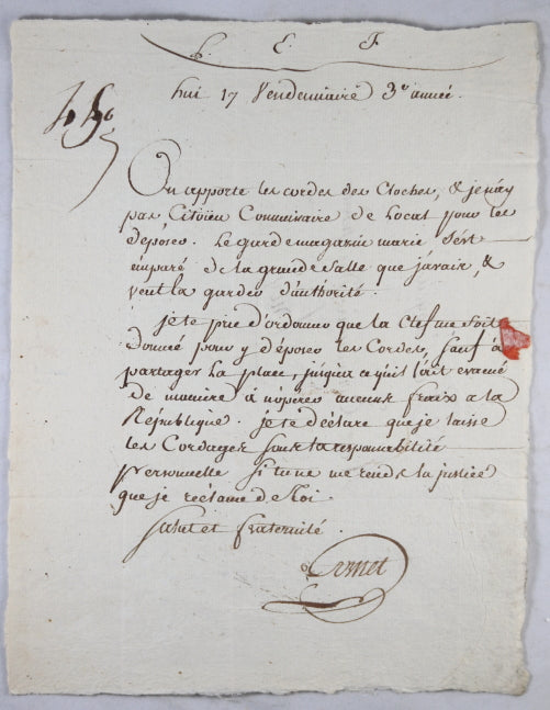 1794 lettre sur manque d'espace pour cordes des clochers, Huy Belgique