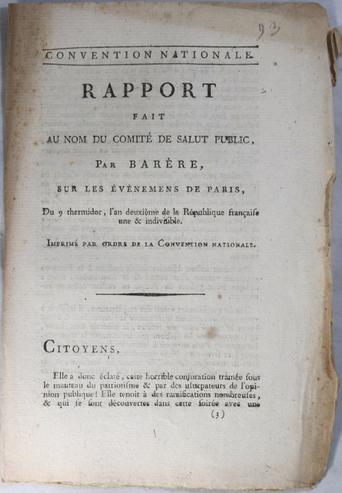 1794 pamphlet de Barère sur les événements du 9 Thermidor à Paris