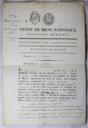 1794 révolution vente de Biens Nationaux à Mâcon (terres émigré)