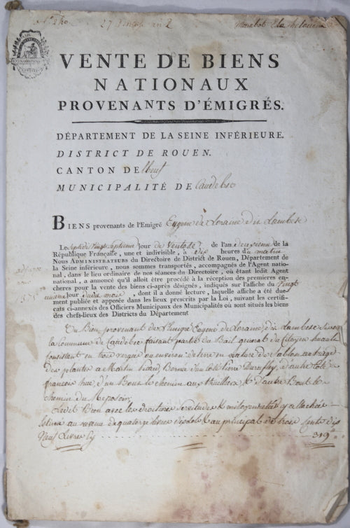 1794 vente des biens de l’émigré Prince de Lambesc, Seine Inférieure
