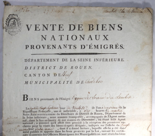 1794 vente des biens de l’émigré Prince de Lambesc, Seine Inférieure