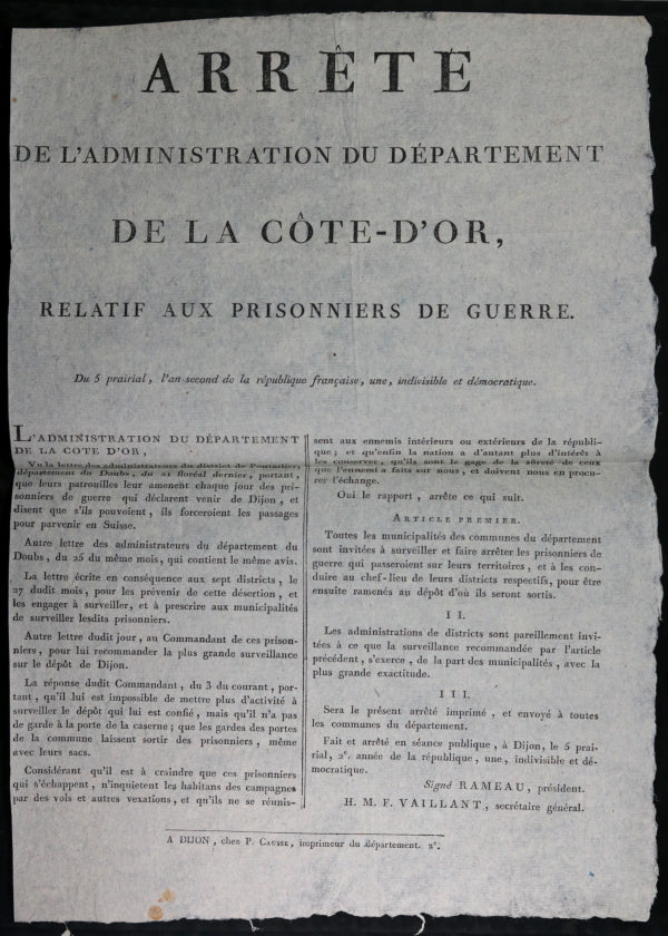 1794 affiche Dépt. Côte-D'Or prisonniers de guerre Piémontais