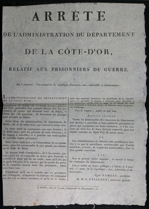 1794 affiche Dépt. Côte-D'Or prisonniers de guerre Piémontais