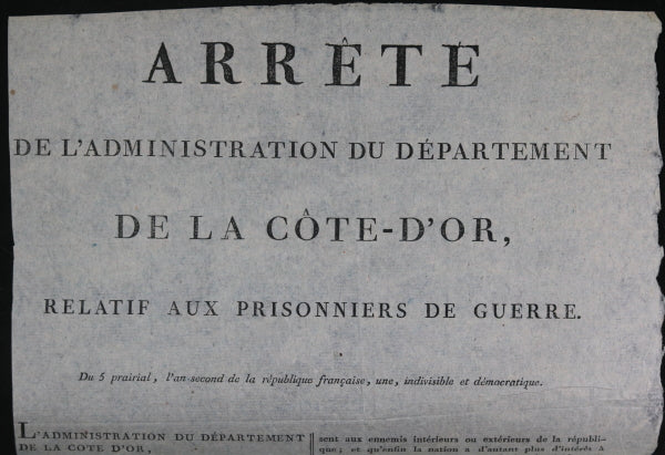 1794 affiche Dépt. Côte-D'Or prisonniers de guerre Piémontais