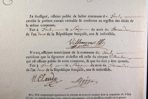 1794 certificat de mort fusilier 43e régiment infanterie Toul Meurthe