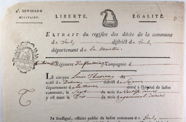 1794 certificat de mort fusilier 43e régiment infanterie Toul Meurthe