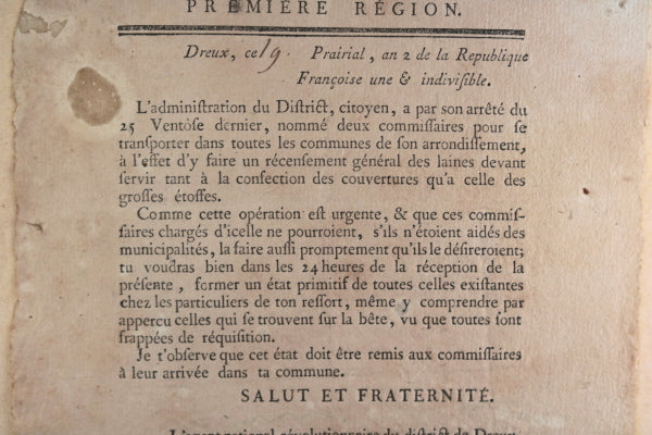 1794 circulaire recensement laines, District de Dreux (Eure-et-Loir)