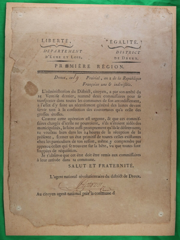 1794 circulaire recensement laines, District de Dreux (Eure-et-Loir)