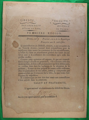 1794 circulaire recensement laines, District de Dreux (Eure-et-Loir)