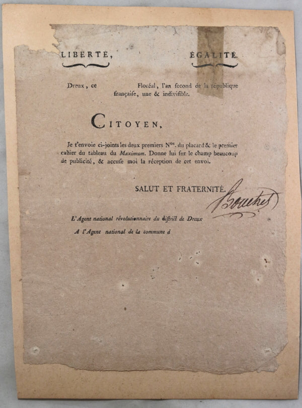 1794 circulaire tableau Maximum , District de Dreux (Eure-et-Loir)