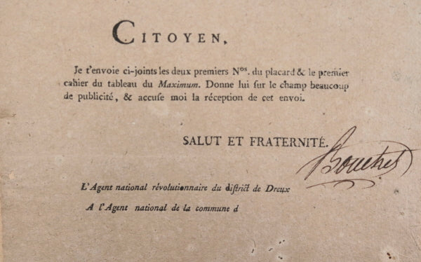 1794 circulaire tableau Maximum , District de Dreux (Eure-et-Loir)