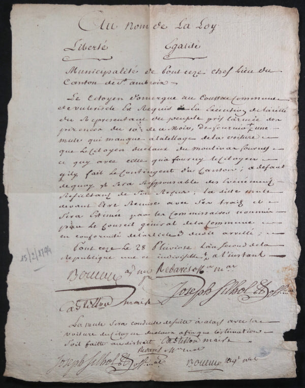 1794 lettre Pont-Cèze Gard réquisition une mule Armée des Pyrénées