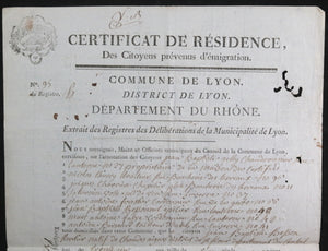 1795 France - Certificat de Résidence pour Besson, citoyen de Lyon