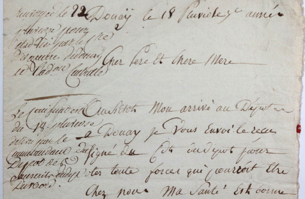 1795 France Douai lettre conscrit à son père, St Paul Pas de Calais