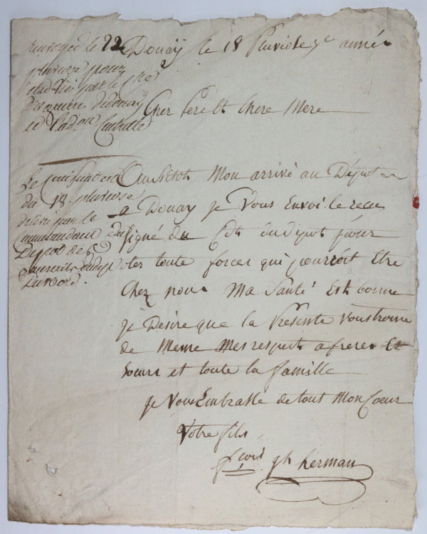 1795 France Douai lettre conscrit à son père, St Paul Pas de Calais
