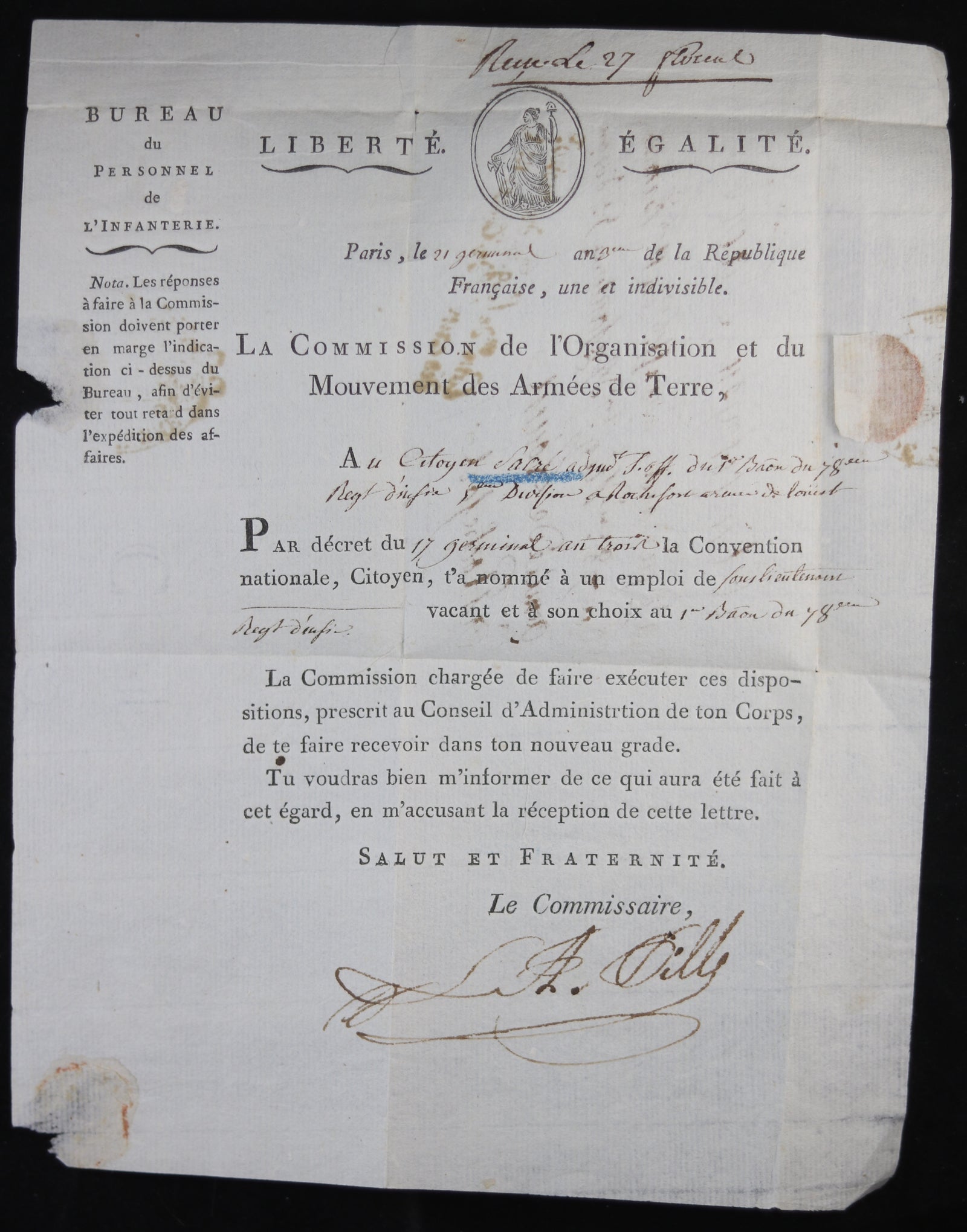 1795 Armée de l'Ouest - promotion à une sous-lieutenance 78e Régt.