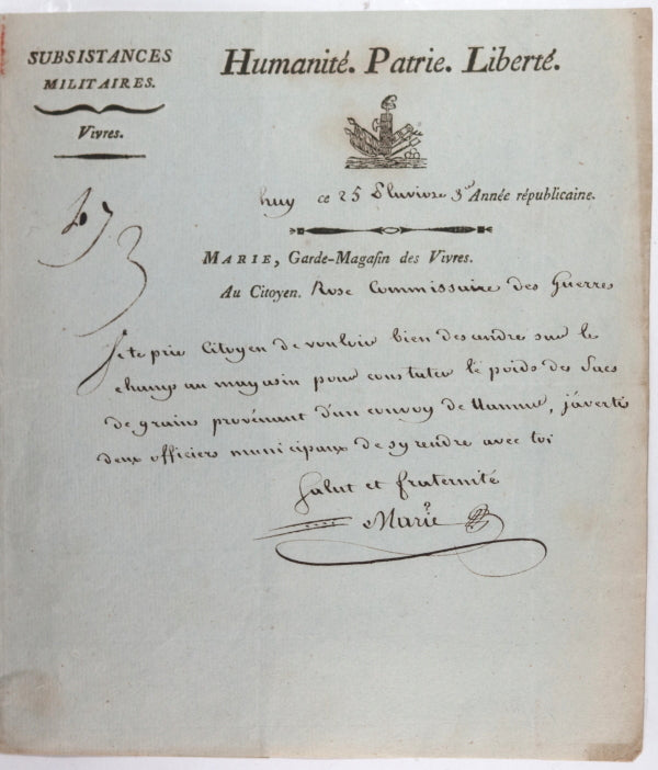 1795 Huy Belgique, garde magasin des vivres  poids des sacs de grains